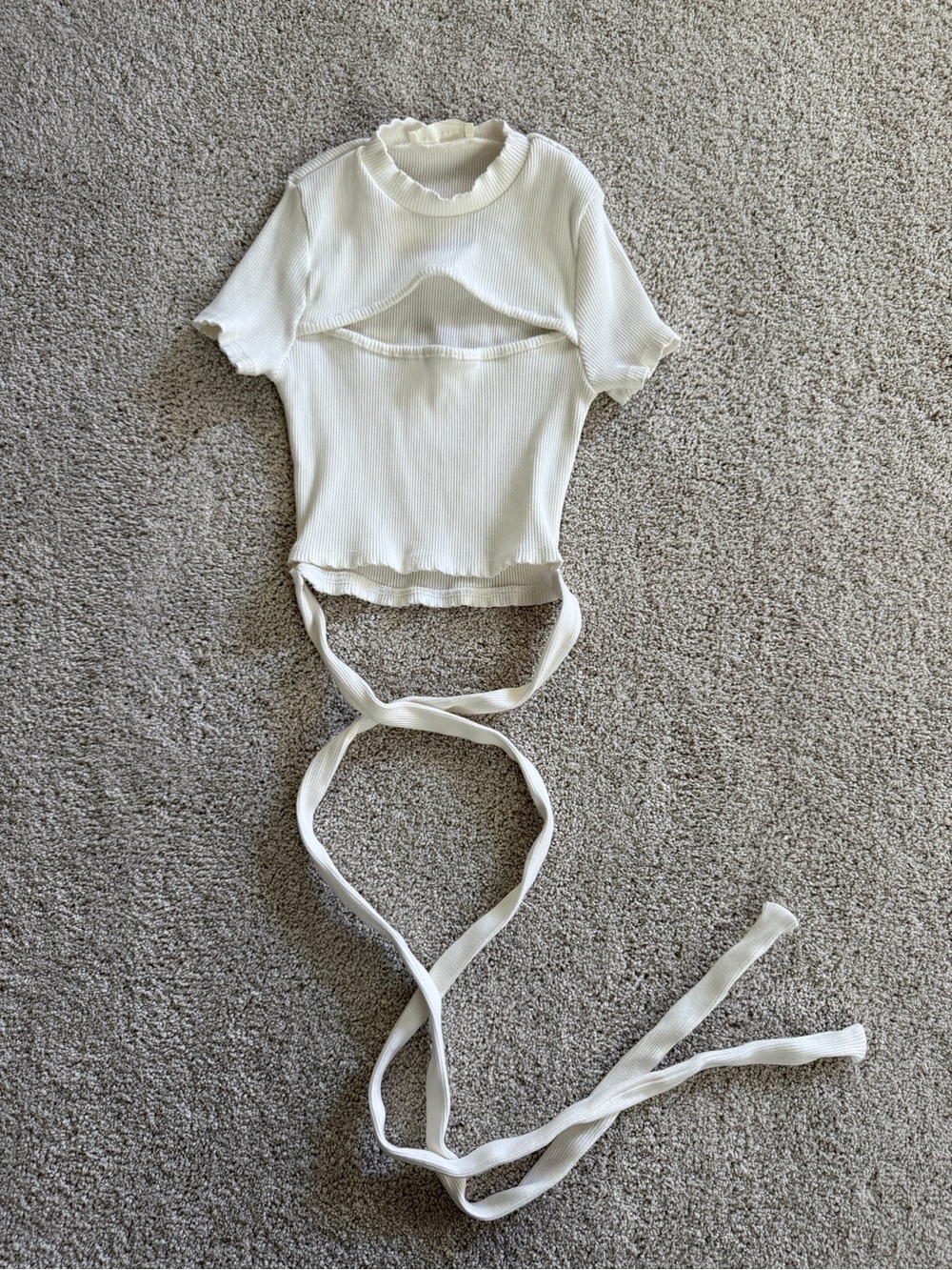 White Ribbed Cutout Crop Top with Tie Detail